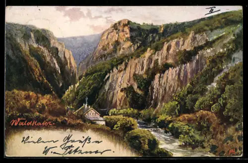 Künstler-AK Thale, Blick zum Gasthaus Waldkater