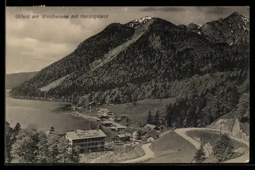 AK Urfeld am Walchensee, Herzogstand, Seepromenade, Gebirgslandschaft
