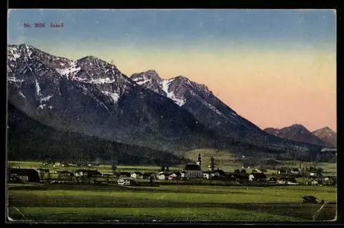 AK Inzell, Ortsansicht mit Kirche und Alpenpanorama