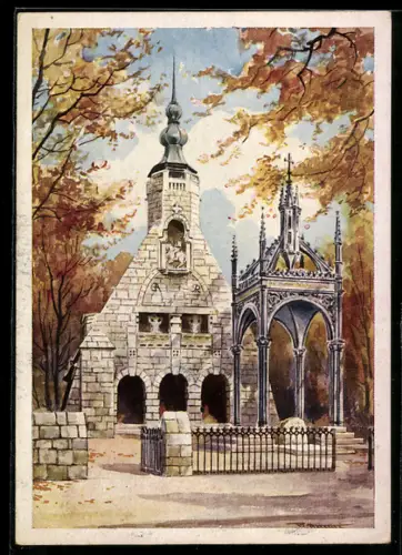 Künstler-AK Lützen bei Leipzig, Gustav-Adolf-Denkmal und Gedächtniskapelle