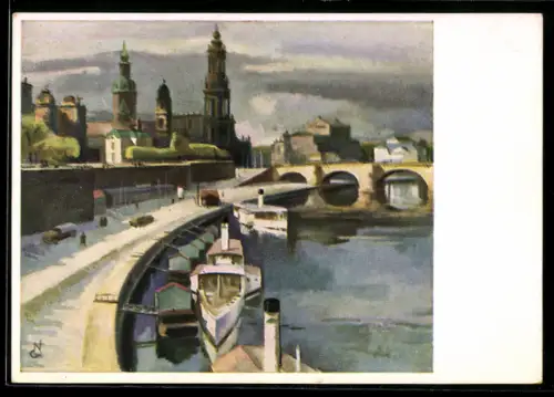 Künstler-AK Dresden, Brühlsche Terrasse, Elbe