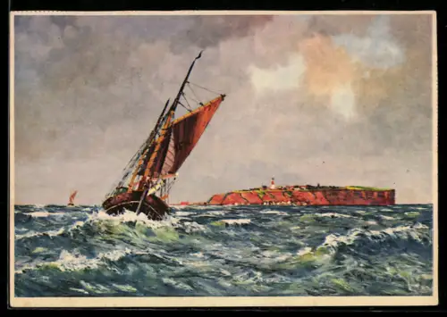 Künstler-AK Helgoland, Segelschiff vor der Insel