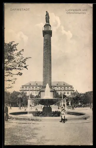 AK Darmstadt, Ludwigsäule und Olbrichbrunnen