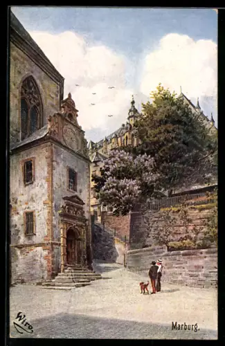 Künstler-AK Marburg, Ortspartie mit Blick auf das Schloss