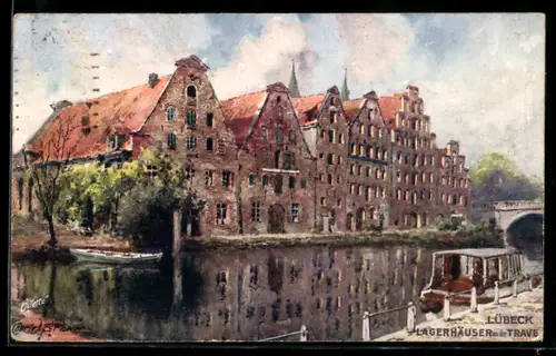 Künstler-AK Charles F. Flower: Lübeck, Lagerhäuser an der Trave