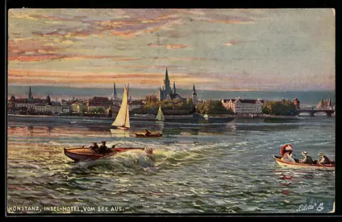 Künstler-AK Konstanz, Insel-Hotel vom See aus, Segelschiff, Ruderboot