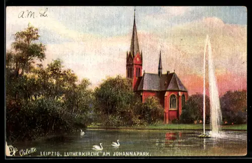 Künstler-AK Raphael Tuck & Sons Nr. 7503: Leipzig, Partie an der Lutherkirche am Johannapark mit Schwänen