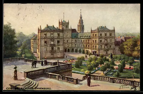Künstler-AK Coburg, Schloss Ehrenburg mit besuchtem Schlossgarten