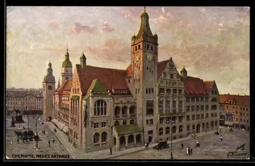 Künstler-AK Chemnitz, Naues Rathaus, Gesamtansicht