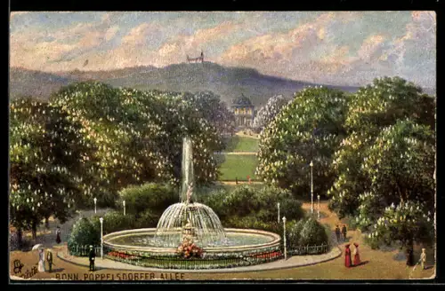 Künstler-AK Bonn, Poppelsdorfer Allee mit Brunnen