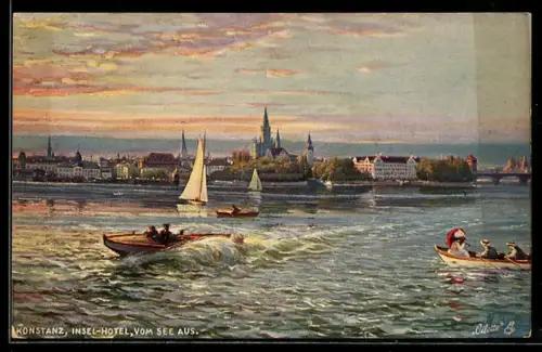 Künstler-AK Konstanz, Insel-Hotel vom See aus, Segelschiff, Ruderboot