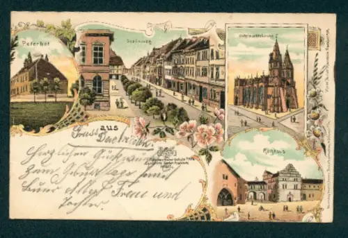 Lithographie Mühlhausen /Thüringen, Peterhof, Rathhaus, Untermarktkirche, Steinweg