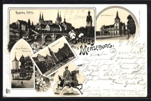 Lithographie Merseburg, Kaiser Friedrich-Denkmal, Neues Ständehaus