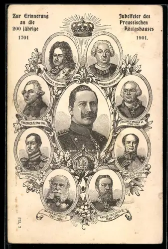 AK 200-jährige Jubelfeier des Königreichs Preussen 1701-1901, Kaiser Wilhelm II., Friedrich Wilhelm III. von Preussen