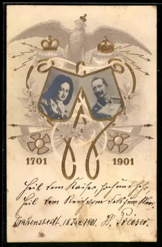AK Kaiser Wilhelm II. und König Friedrich I. in Preussen, 200-jähriges Bestehen vom Königreich Preussen 1701-1901