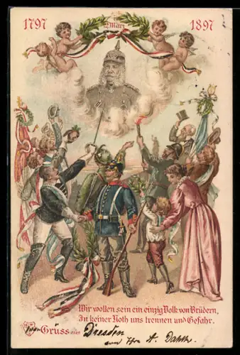 Lithographie Portrait Kaiser Wilhelm I., Soldaten und Studenten feiern den Kaiser