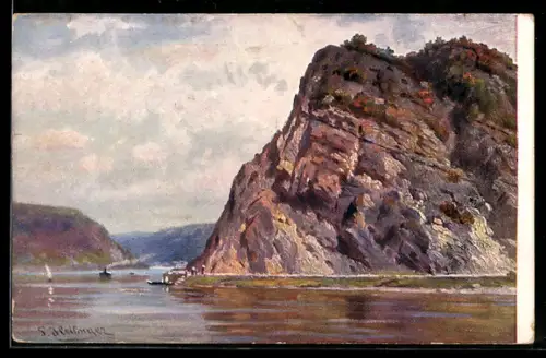AK Loreleyfelsen mit Dampfschiffen