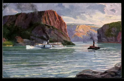 Künstler-AK Dampfer auf dem Rhein