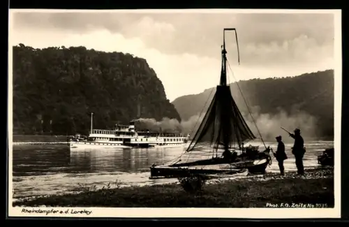 AK Loreley, Rhein mit Rheindampfer