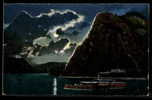 AK Dampfschiff passiert den Loreleyfelsen im Mondschein