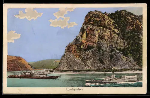 AK Loreleyfelsen, Frachtkahn und Seitenraddampfer am Rheinfelsen