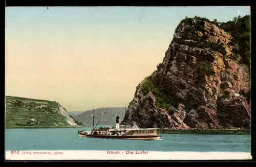 AK Dampfer fährt auf dem Rhein an der Loreley vorbei