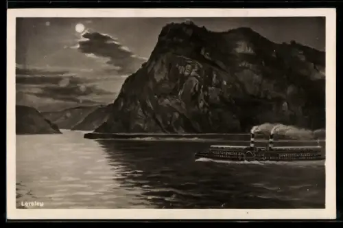 AK Flussdampfer passiert die Loreley bei Mondschein