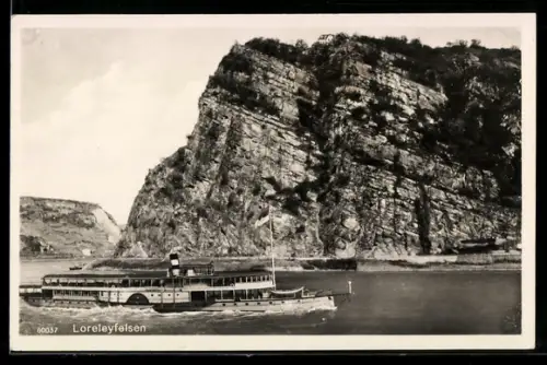 AK Loreleyfelsen mit Rheindampfer