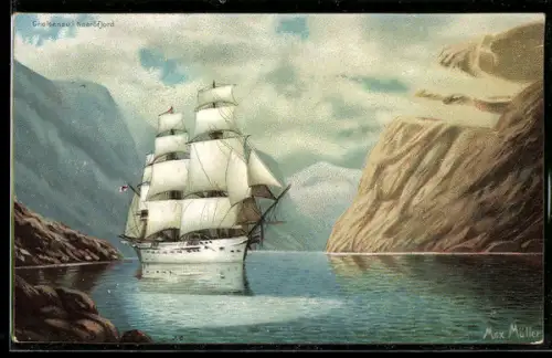 Künstler-AK Kriegsschiff Gneisenau im Naeröfjord