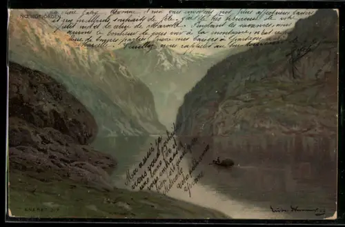 AK Norwegen, Noeröfjorden, Ruderboot auf dem Fjord