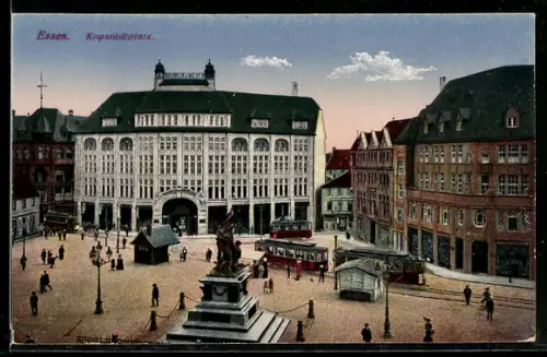 AK Essen, Kopstadtplatz mit Denkmal und Strassenbahn