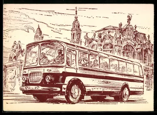 Künstler-AK Autobus Skoda 706 RO der VEB Verkehrsbetriebe der Stadt Dresden