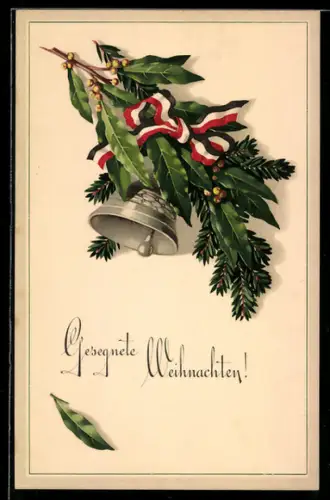 Künstler-AK Silberglocke mit lilanem Band und Blätterzweig zu Weihnachten