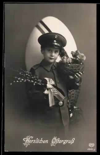 AK Junge in Uniform mit Ostergruss, Kinder Kriegspropaganda