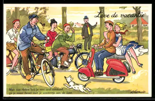 AK Vespa-Motorroller fährt entgegen der Fahrtrichtung, Motorrad und Fahrradfahrer müssen ausweichen