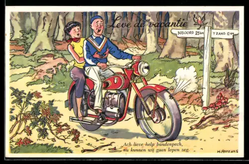 Künstler-AK Pärchen bei einer Ausfahrt mit dem Motorrad, Reifenpanne im Wald