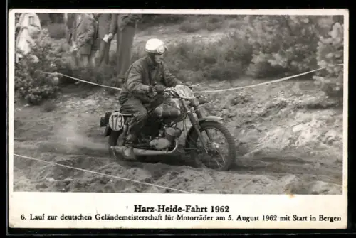 Foto-AK Motorrad mit Startnummer 173 bei der Harz-Heide-Gahrt 1962, deutsche Geländemeisterschaft, Start in Bergen