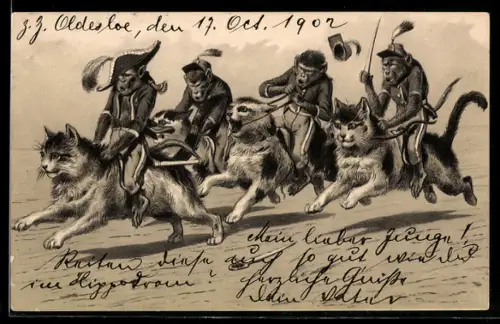 AK Affensoldaten reiten auf Katzen in die Schlacht