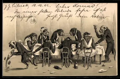 AK Feiernde Affen am Tisch, vermenschlichte Tiere