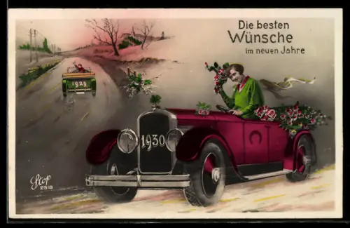AK Auto, offener Wagen mit Jahreszahl 1930 auf dem Kühlergrill und junge Frau am Steuer