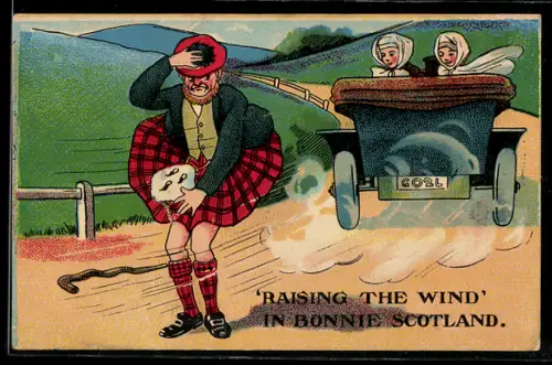 AK Auto mit zwei Damen im Fonds weht bei einem Schotten den Rock hoch