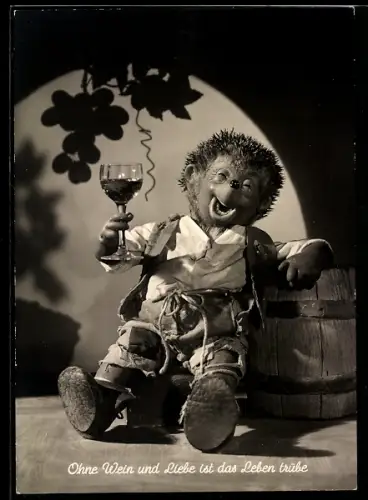 AK Ohne Wein und Liebe ist das Leben trübe, Mecki mit einem Glas Wein