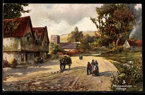 Künstler-AK Medmanham, Ortsansicht mit Kirche, Pferdekutsche