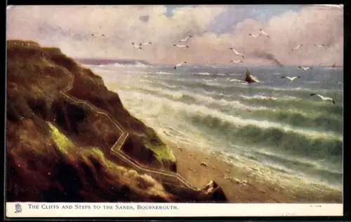 AK Bournemouth, Cliffs and Steps to the Sands, Treppe zum Strand, Möwen