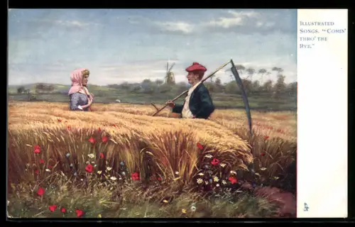 AK Bauer und Bäuerin auf dem Feld, Windmühle