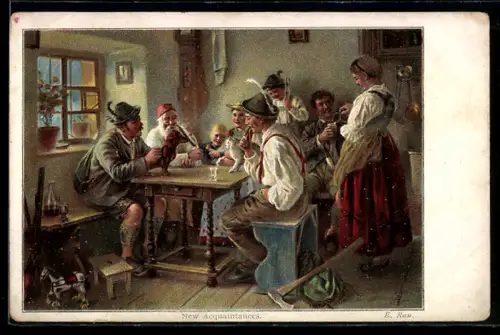 Künstler-AK Raphael Tuck & Sons Nr. 4101: Fröhliche Gesellschaft mit Katze und Dackel am Tisch