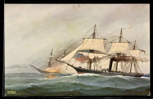 Künstler-AK Christopher Rave: Deutsche Korvette Augusta einen französischen Dampfer vernichtend