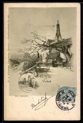 Künstler-AK sign. Rob. Schleich: Pullach, Kirche und Ruine Hartenstein