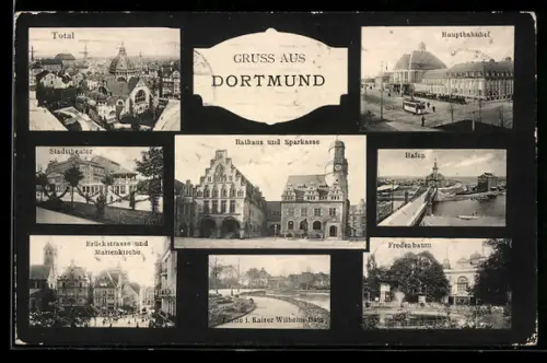 AK Dortmund, Stadttheater, Hauptbahnhof und Hafen
