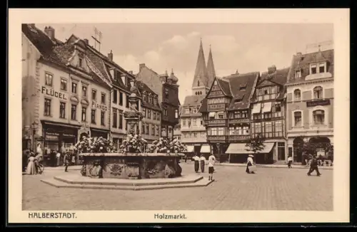 AK Halberstadt, Blick auf den Holzmarkt mit Brunnen, Geschäft für Flügel und Pianos